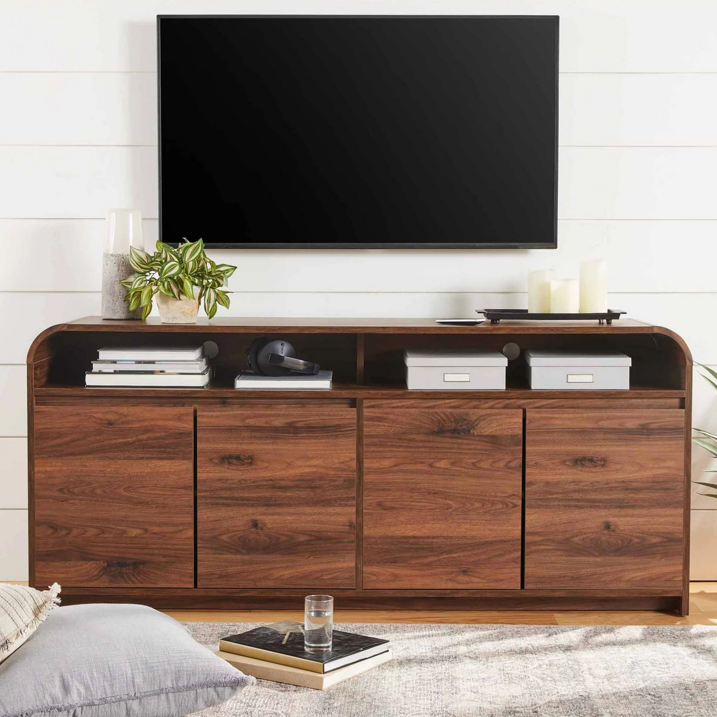 Better Homes & Gardens Juliet Curved TV Stand for TVs up to 75", Walnut Finish